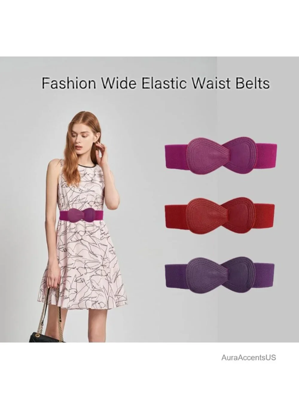 Stretchy Faux Leather Elastic Waist Belt with Interlock Buckle for Dresses &